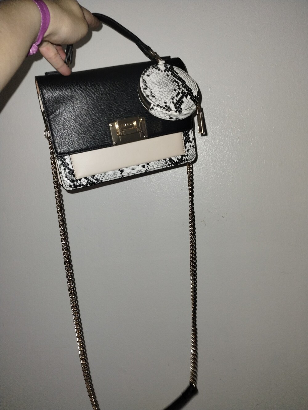 GIRLY GIRL ALDO Black and Cream Top-Handle Crossbody Bag with Snake-Print Accent